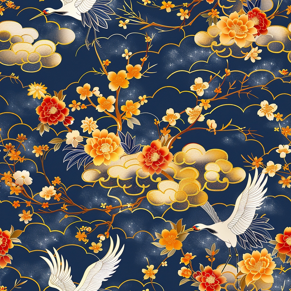 Illustration of white cranes, orange and yellow flowers, and golden clouds on a dark blue background.