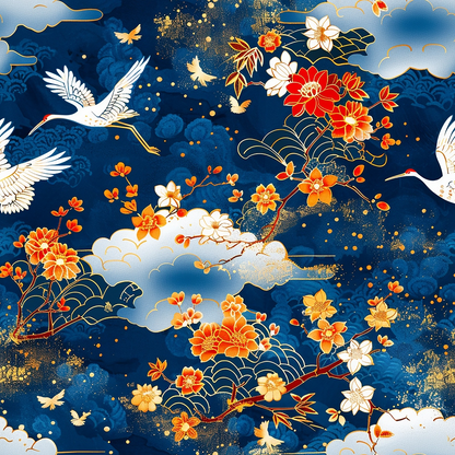 Japanese-style design featuring cranes, orange and yellow flowers, and white clouds against a dark blue background.