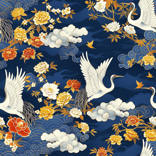 Cranes flying among clouds, peonies, and stylized swirls on a dark blue background.