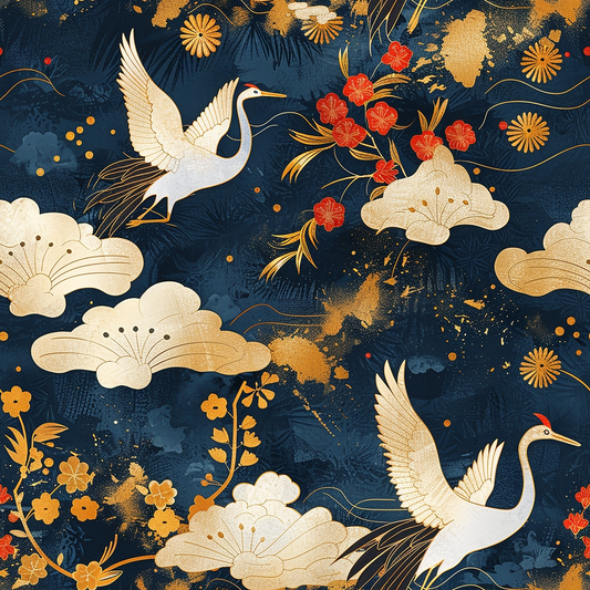 A patterned design with cranes, gold clouds, and red flowers on a dark blue background.