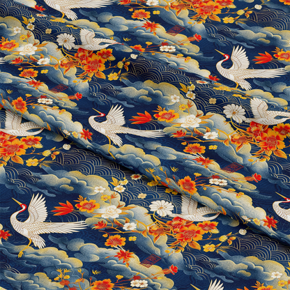 - Japanese Cranes Pattern 8 Quilting Cotton Fabric  
- Fabric, cotton, quilting  
- Cranes, birds, flying  
- Floral, blossoms, flowers  
- Orange, red, white, yellow, navy blue, beige  
- Asian-inspired, traditional, ornamental  
- Textile, cloth, sewing material
