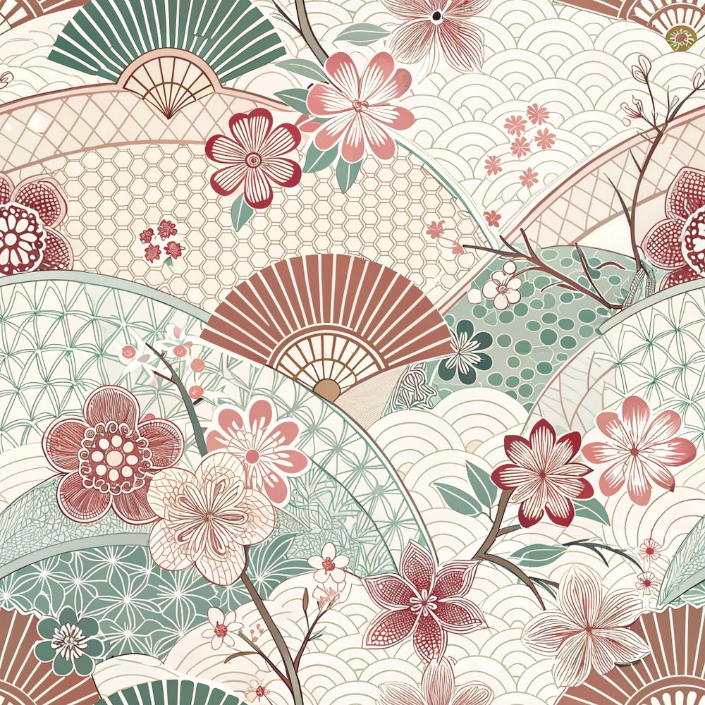 A seamless pattern featuring traditional Japanese motifs, including overlapping fans, curved lines, geometric shapes, and various flowers in shades of red, green, and beige on a cream background.