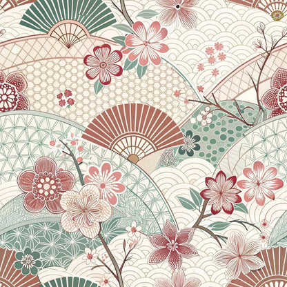 A seamless pattern featuring traditional Japanese motifs, including overlapping fans, curved lines, geometric shapes, and various flowers in shades of red, green, and beige on a cream background.