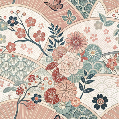 coral pink, sage green, navy blue, cream white, japanese kimono, floral motifs, cherry blossoms, geometric patterns, fan designs, butterfly, wave patterns, quilting cotton, fabric panel, asian inspired, delicate florals, scalloped borders, ornate designs, pastel palette, decorative elements, botanical prints