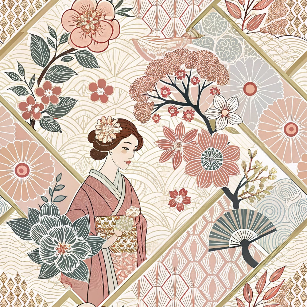 A geometric pattern featuring a woman in a traditional kimono surrounded by stylized flowers, fans, and foliage in soft pink, beige, and green tones. The design is composed of diagonal panels with various Japanese motifs.