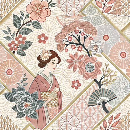 A geometric pattern featuring a woman in a traditional kimono surrounded by stylized flowers, fans, and foliage in soft pink, beige, and green tones. The design is composed of diagonal panels with various Japanese motifs.