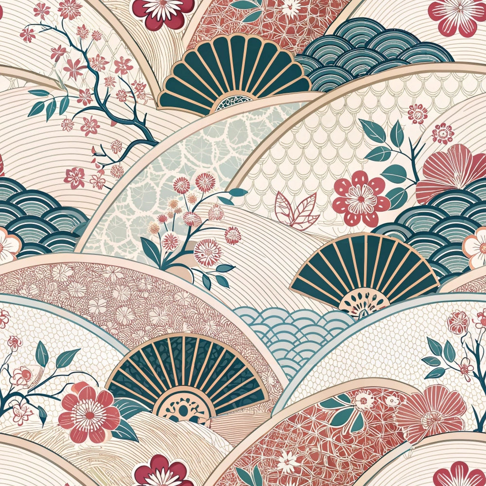 Decorative pattern featuring overlapping Japanese fans, cherry blossoms, stylized flowers, and wave motifs in shades of red, green, beige, and blue. The design has fine line details and a traditional Japanese aesthetic.
