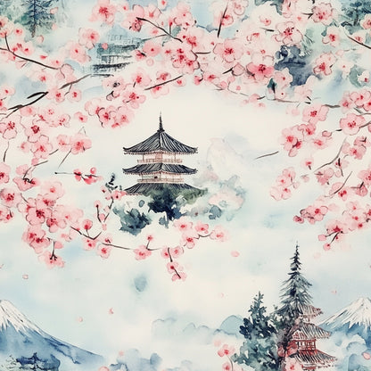 Japanese Cherry Blossom Fuji Pattern 12 Quilting Cotton Fabric