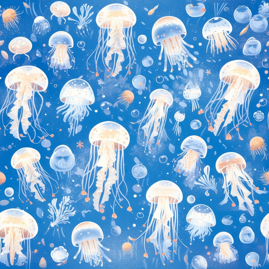 Illustrated pattern of various jellyfish in shades of blue and peach, floating with bubbles and sea plants against a dark blue background.