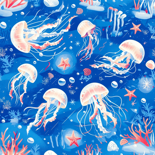 Illustrated underwater scene with jellyfish, starfish, coral, and bubbles against a blue background.