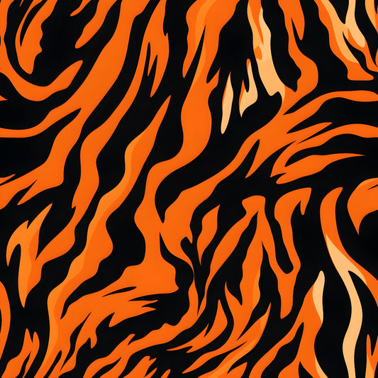 Abstract pattern resembling tiger stripes in vivid orange, black, and cream colors.