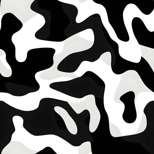 Black and white abstract pattern with irregular shapes resembling camouflage.