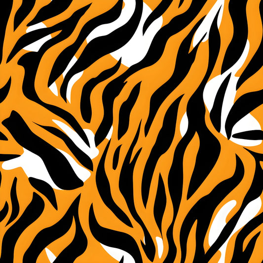 Abstract pattern featuring bold orange, black, and white wavy stripes resembling a stylized tiger print.