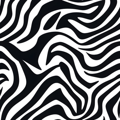 Black and white abstract pattern resembling zebra stripes, with swirling lines creating a dynamic, wavy effect.