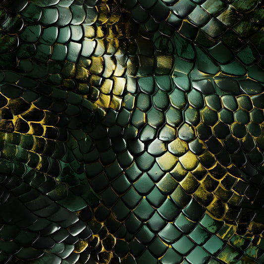 Close-up of textured green and gold snake scales with a shiny, reflective surface.