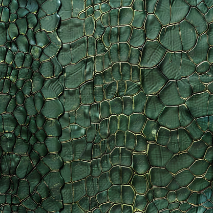 Close-up of a textured, green surface resembling reptile scales with a shiny appearance and intricate pattern.