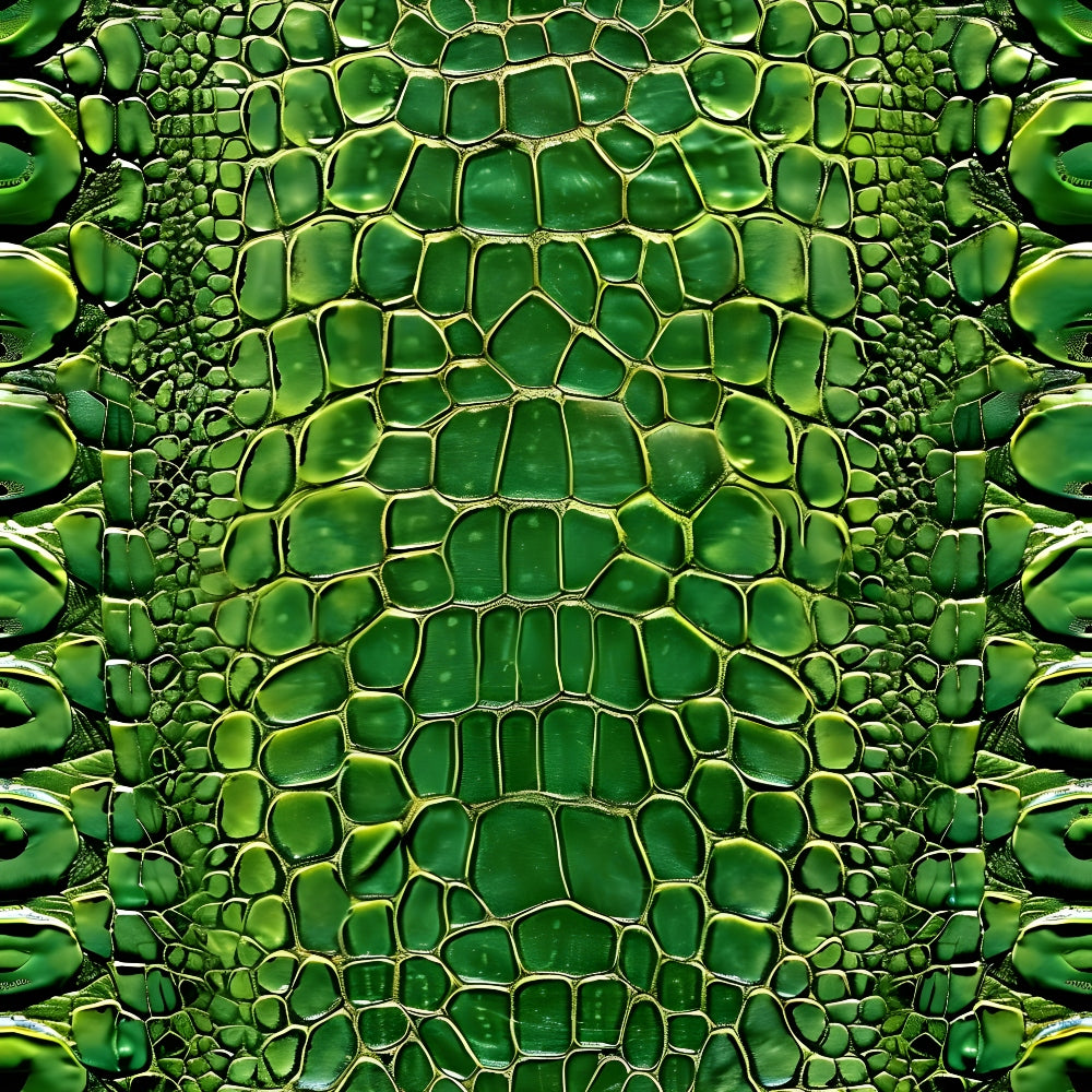 Close-up of green crocodile scales, displaying an intricate pattern of overlapping scales with varied shapes and sizes, creating a textured and symmetrical appearance.