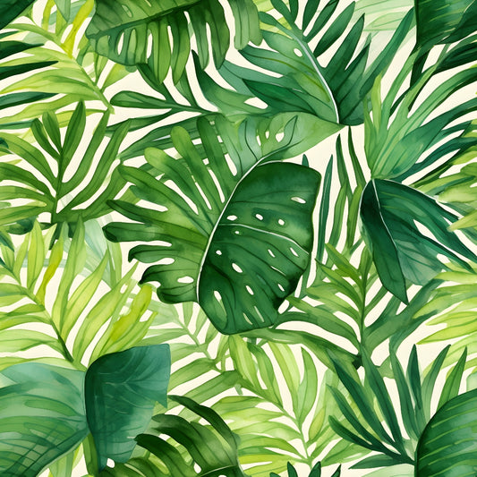 A pattern of various green tropical leaves, including monstera and palm, overlapping on a light background.