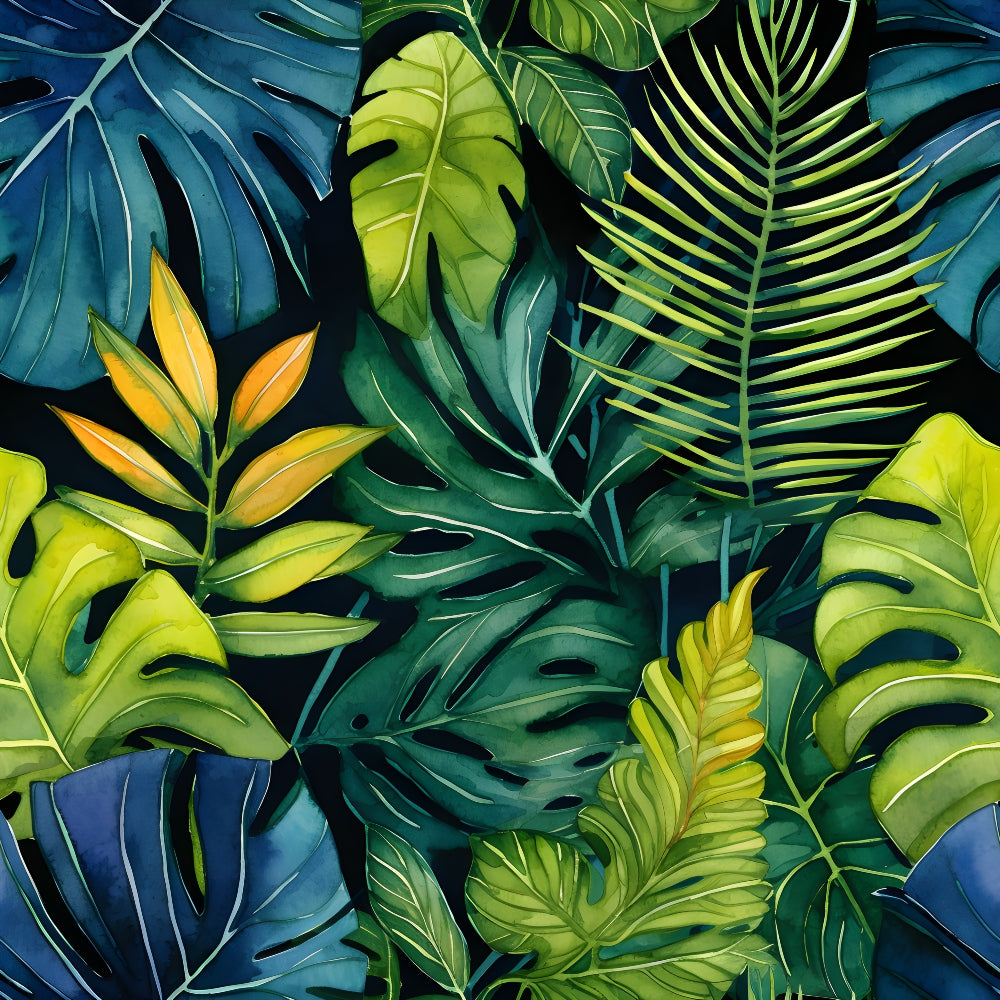 Illustration of vibrant tropical leaves in various shades of green and teal, with some yellow accents, set against a dark background.