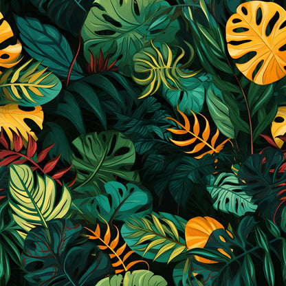 Illustration of various vibrant tropical leaves in shades of green, yellow, and red overlapping on a dark background.