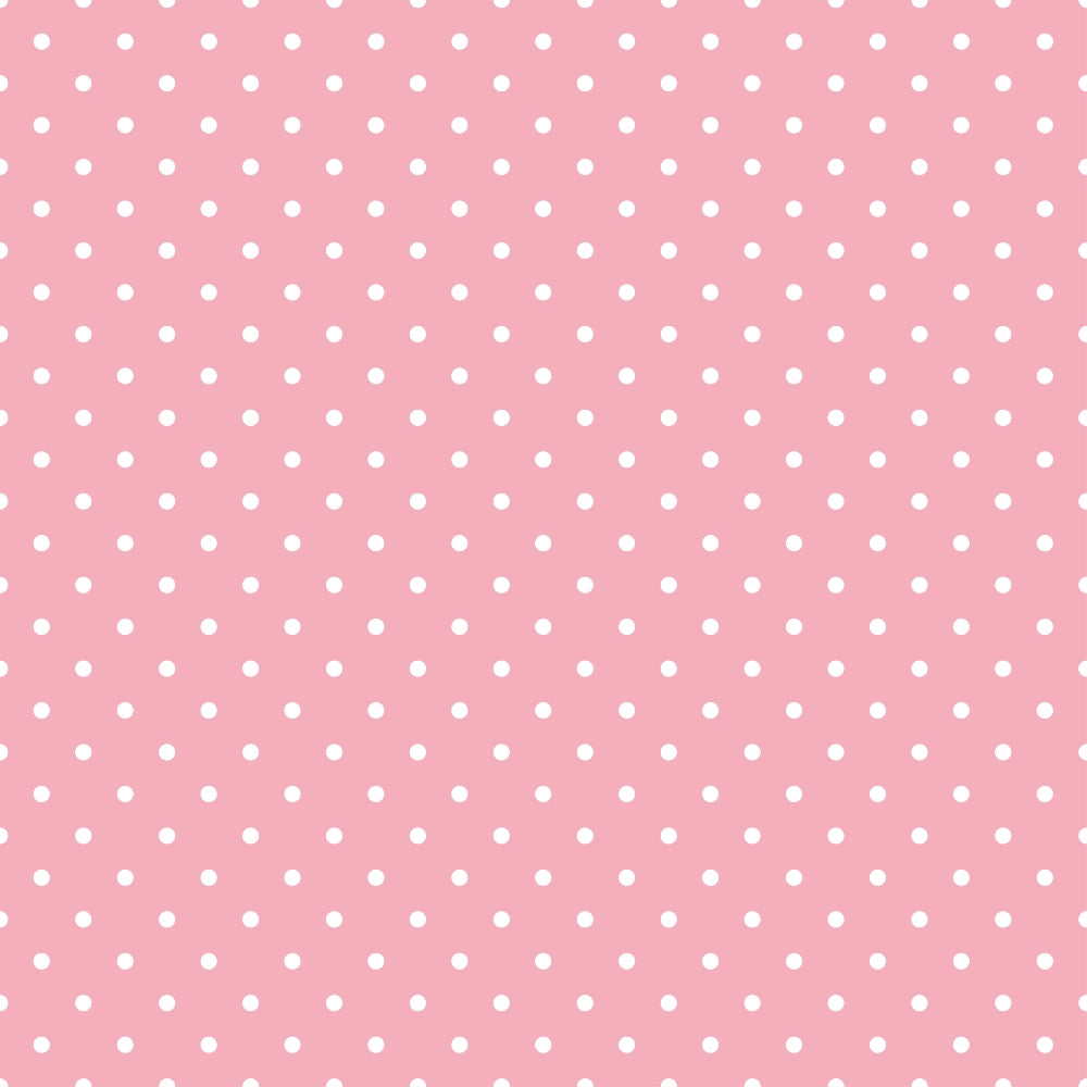 Pink background with a pattern of evenly spaced small white polka dots.