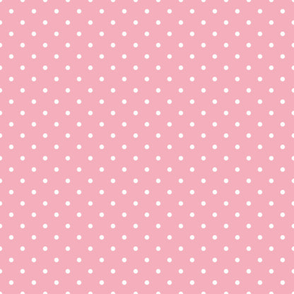 Pink background with a pattern of evenly spaced small white polka dots.