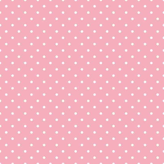 Pink background with a pattern of evenly spaced small white polka dots.