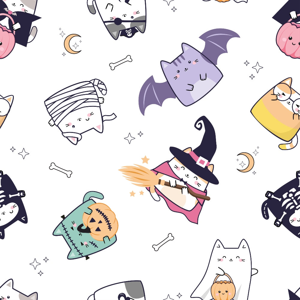 Pattern of cartoon cats in Halloween costumes, including witch, mummy, and vampire outfits, surrounded by moons, stars, and bones on a white background.