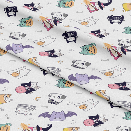 - Kawaii Cute Halloween Cats Pattern 11 Quilting Cotton Fabric  
- white background  
- cartoon cats  
- Halloween theme  
- pumpkins  
- witches  
- ghosts  
- skeletons  
- bats  
- pastel colors  
- purple  
- green  
- orange  
- black  
- pink  
- cotton quilting textile  
- spooky cute design  
- seasonal fabric  
- playful illustrations