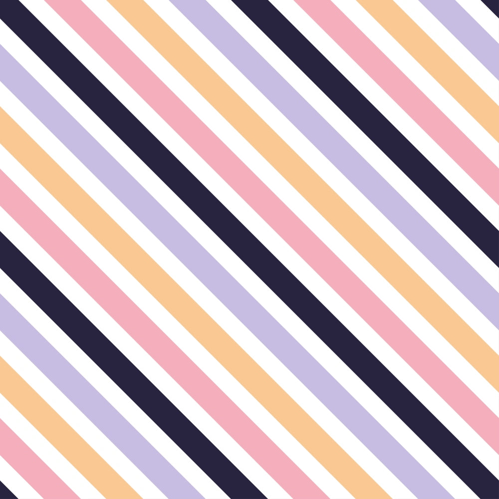 Diagonal stripes in navy blue, beige, lilac, pink, and white alternate across the image, creating a simple, colorful pattern.