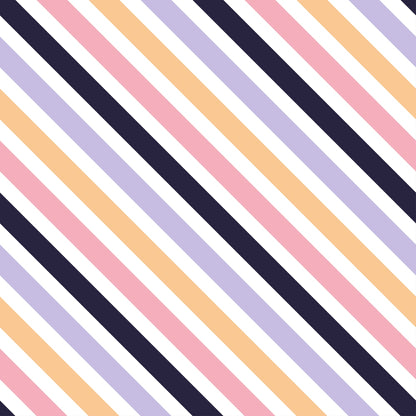 Diagonal stripes in navy blue, beige, lilac, pink, and white alternate across the image, creating a simple, colorful pattern.