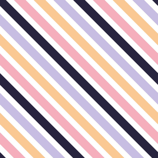 Diagonal stripes in navy blue, beige, lilac, pink, and white alternate across the image, creating a simple, colorful pattern.