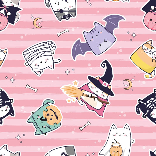 Cartoon cats in Halloween costumes on a pink striped background, featuring a witch, bat, mummy, and pumpkin-theme among others, with scattered moons and bones.