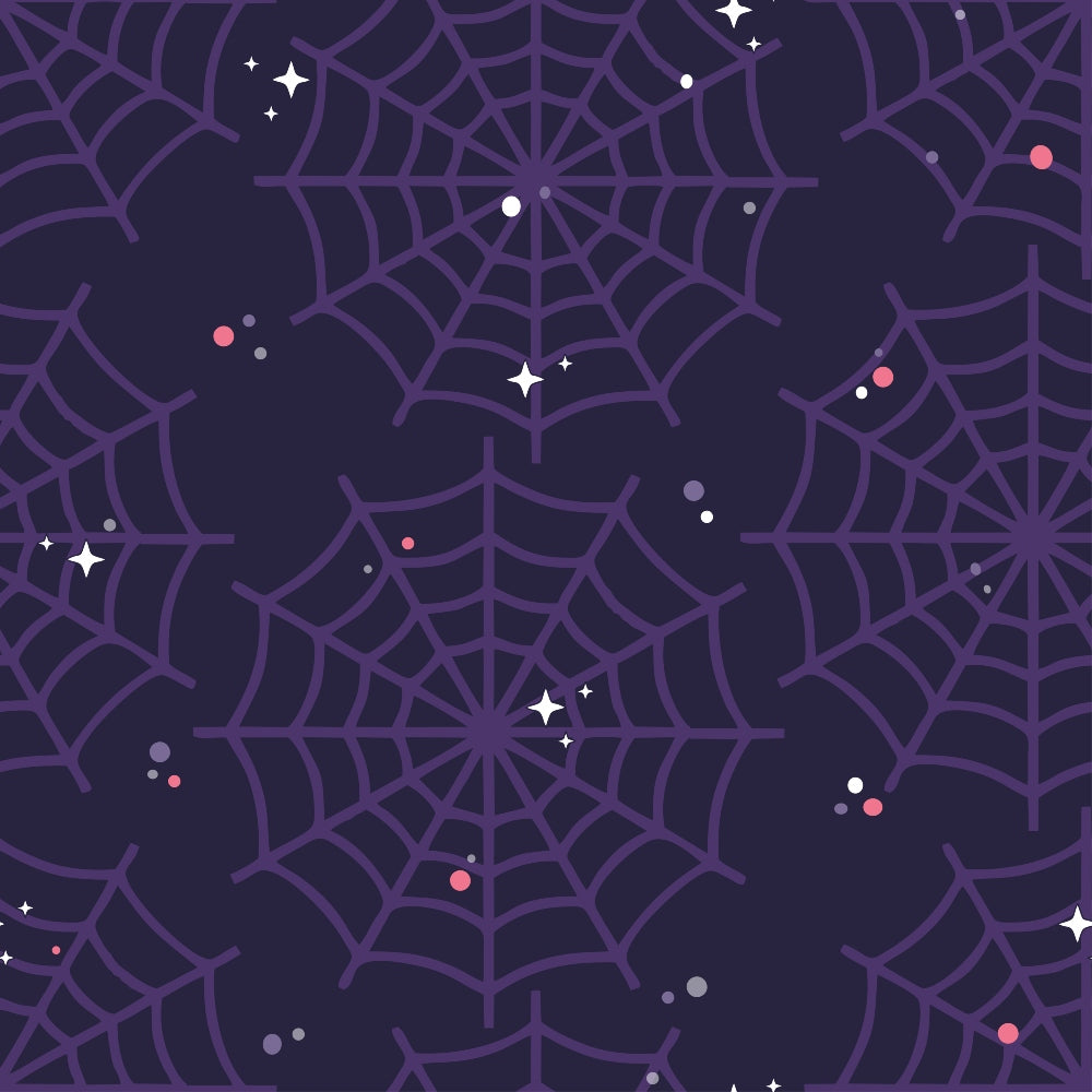 Pattern of purple spider webs on a dark background with scattered stars and dots.