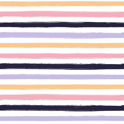 Horizontal pastel stripes in peach, pink, purple, and navy, alternating with white, arranged in a pattern.