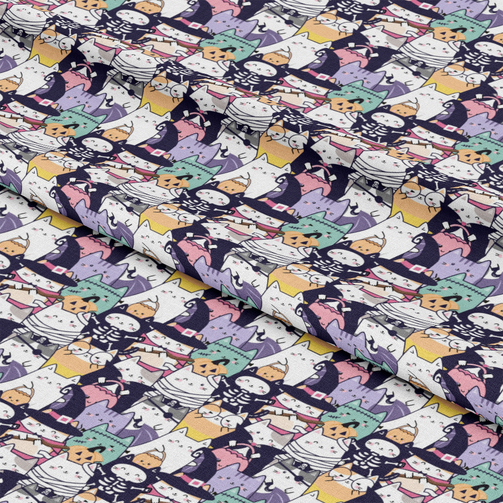- Kawaii Cute Halloween Cats Pattern 1 Quilting Cotton Fabric  
- Halloween theme, spooky cats, cute kittens  
- Colorful, orange, black, white, purple, pastel green  
- Cotton textile, quilting material, yardage fabric  
- Whimsical, festive, seasonal, fun, playful design  
- Soft, lightweight, breathable, printed fabric