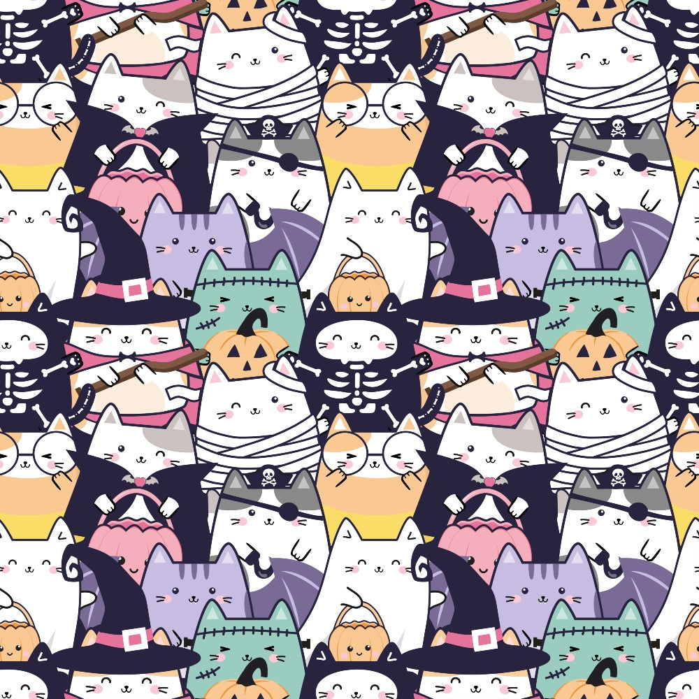 kawaii cats, halloween theme, cute animals, pastel colors, white cats, orange pumpkins, witch hats, mummy cats, pirate cats, skeleton cats, frankenstein cats, vampire cats, repeating pattern, quilting cotton, fabric panel, cartoon style, playful design, spooky cute, autumn colors, black accents, purple tones, pink details