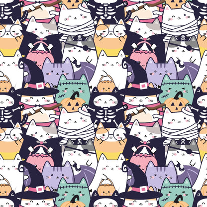 kawaii cats, halloween theme, cute animals, pastel colors, white cats, orange pumpkins, witch hats, mummy cats, pirate cats, skeleton cats, frankenstein cats, vampire cats, repeating pattern, quilting cotton, fabric panel, cartoon style, playful design, spooky cute, autumn colors, black accents, purple tones, pink details