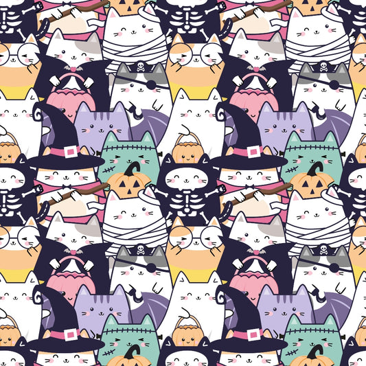 Pattern of cartoon cats dressed in Halloween costumes, including witches, mummies, skeletons, and pumpkins, on a seamless background.