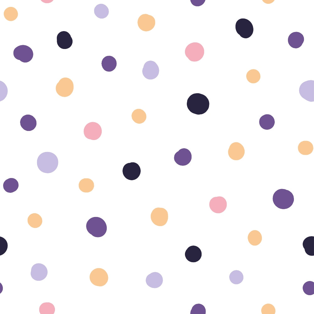 Image of a pattern with scattered polka dots in various colors including purple, pink, yellow, and dark blue on a white background.