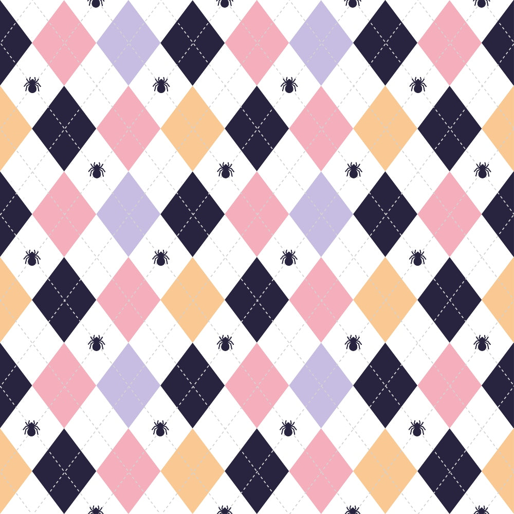 Argyle pattern with diamond shapes in black, pink, yellow, and purple, featuring small black beetles at intersections.