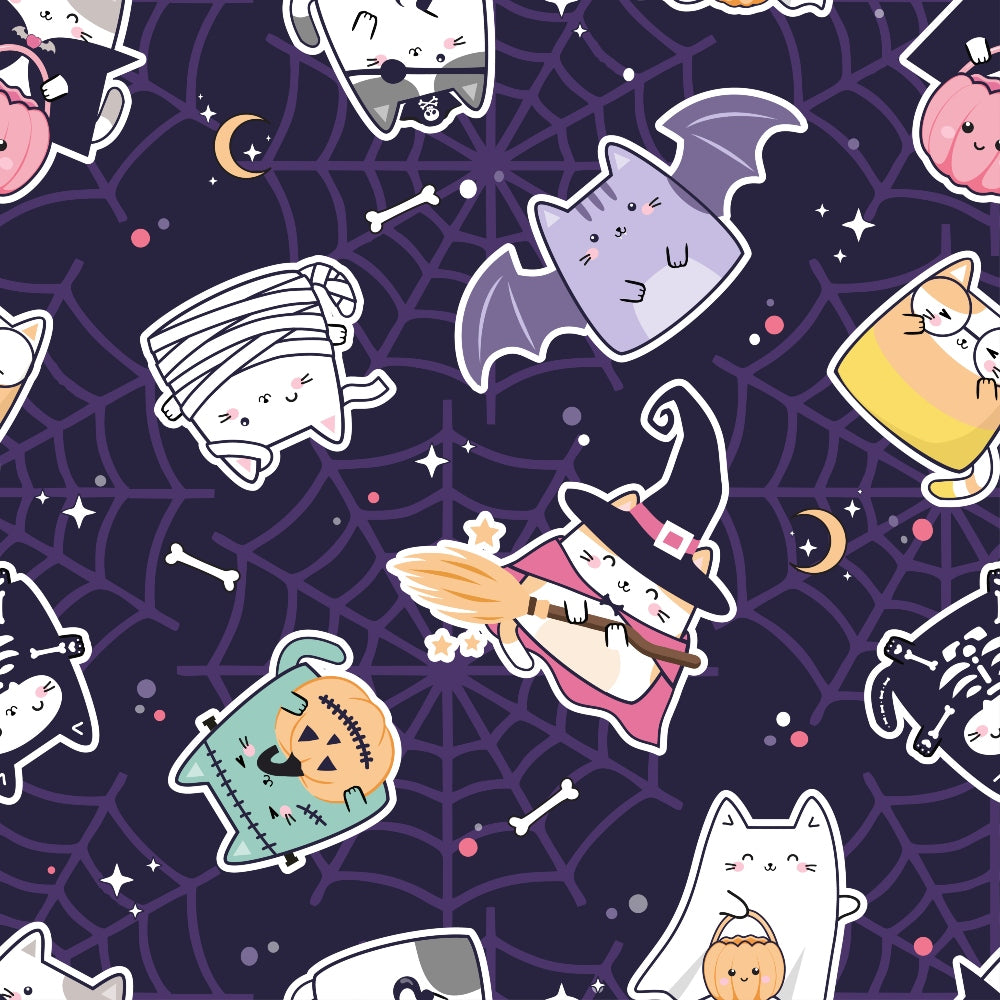 Cartoon Halloween-themed pattern featuring cats dressed as witches, mummies, and vampire bats against a purple cobweb background with moons and stars.