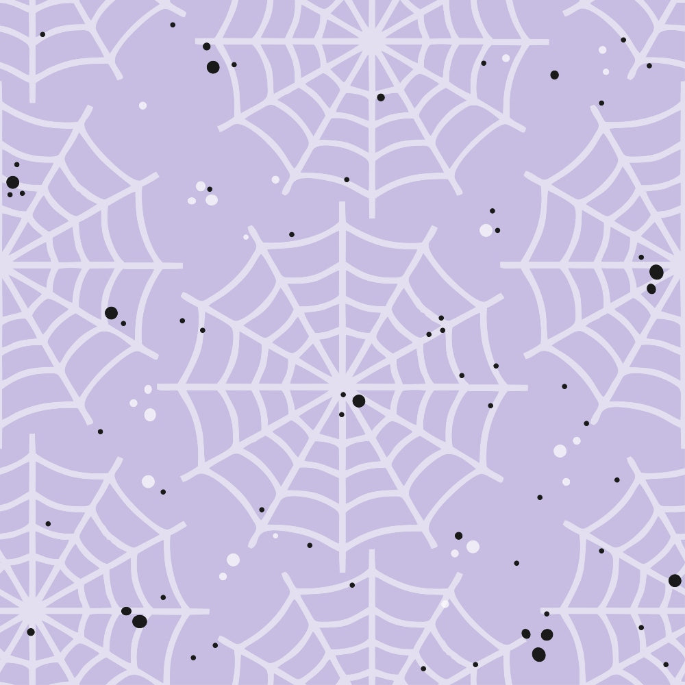 Pattern of white spiderwebs with black and white speckles on a light purple background.