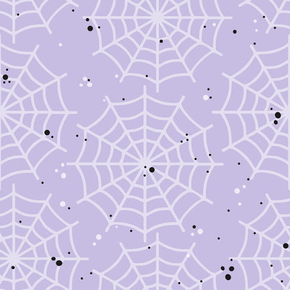 Pattern of white spiderwebs with black and white speckles on a light purple background.