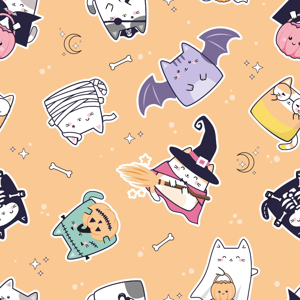 Cute Halloween-themed cartoon cats dressed as a witch, mummy, vampire, and other costumes on an orange background with stars, bones, and crescent moons.