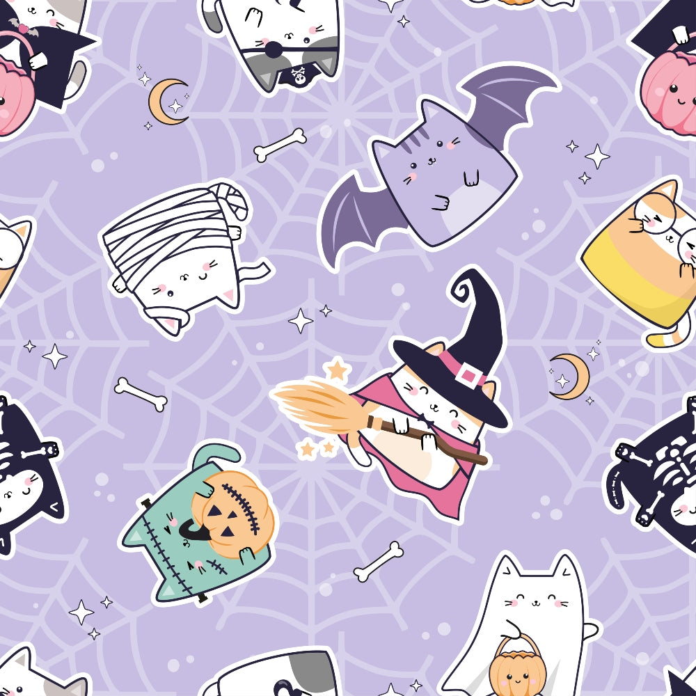 Pattern of cute cats in Halloween costumes, including a witch, vampire, and mummy, on a purple background with spiderwebs, bones, and crescent moons.