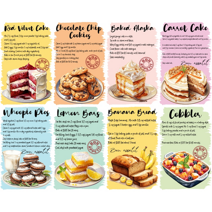 Collage of dessert recipe cards, featuring images and ingredients for red velvet cake, cookies, baked Alaska, carrot cake, whoopie pies, lemon bars, banana bread, and cobbler.