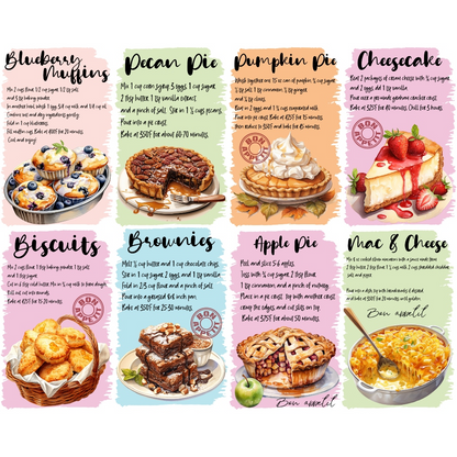 A collection of illustrated recipe cards for blueberry muffins, pecan pie, pumpkin pie, cheesecake, biscuits, brownies, apple pie, and mac & cheese, each with an image and ingredients list.