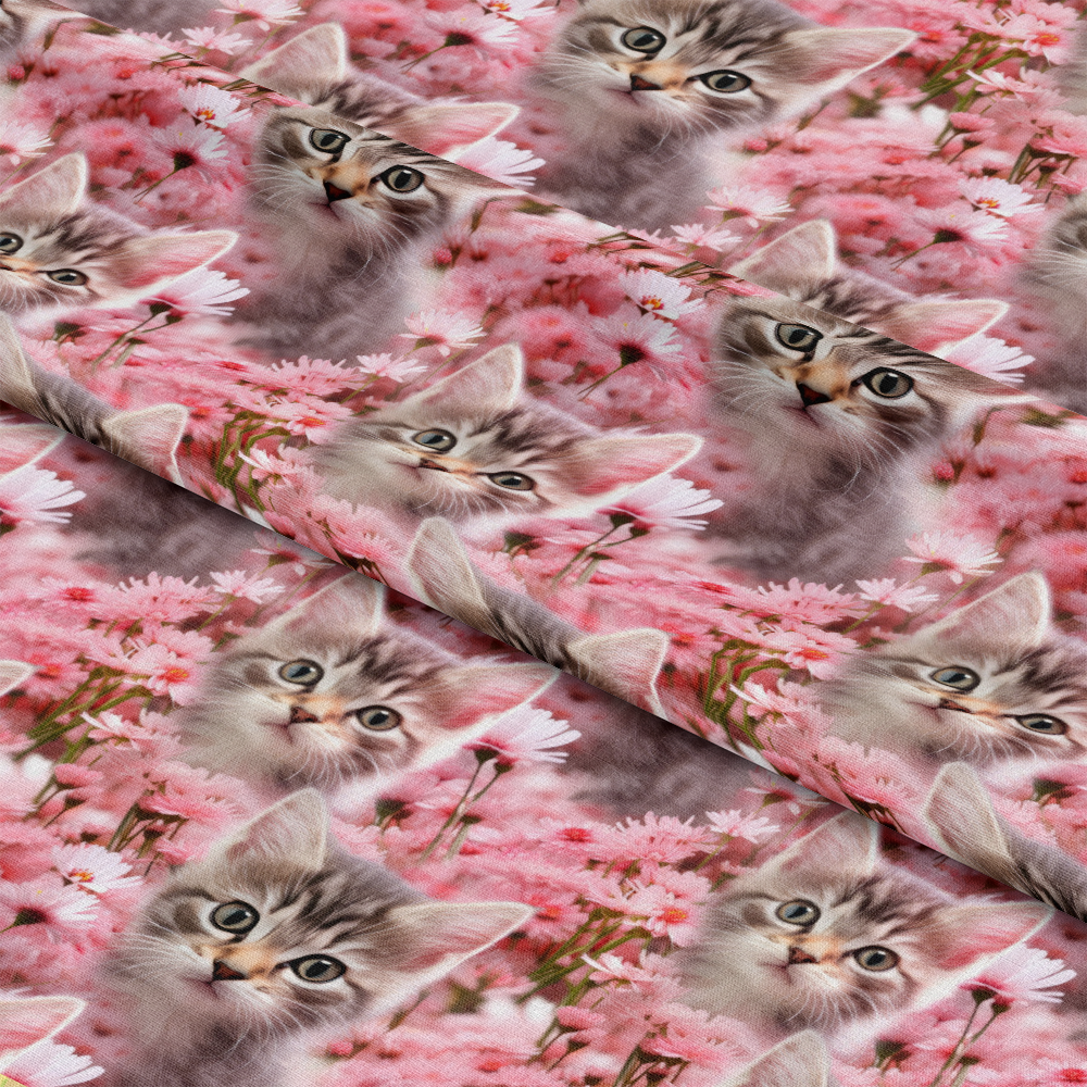 Kittens in Wildflowers Pattern 10 Quilting Cotton Fabric, cats, kittens, pink flowers, floral, soft texture, quilting cotton, fabric, cotton textile, meadow design, nature print, yardage, cottagecore style, gentle colors, premium cotton fabric
