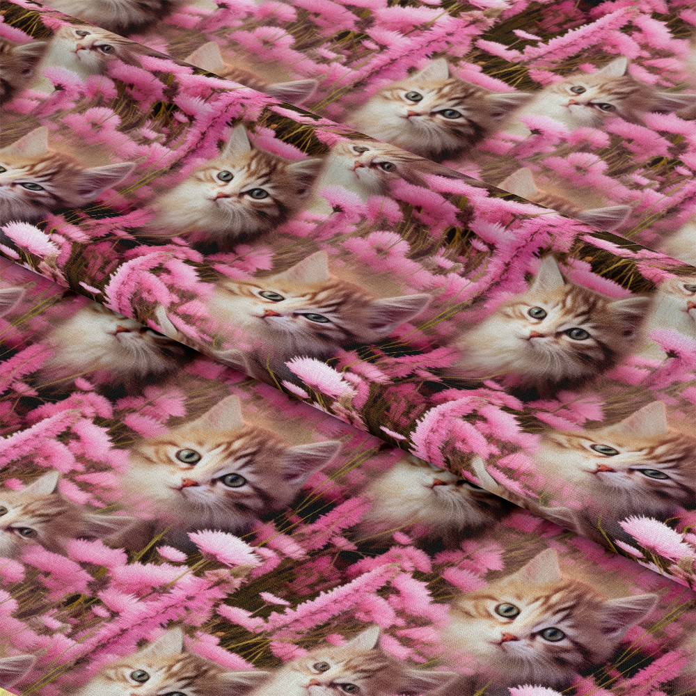 Kittens in Wildflowers Pattern 2 Quilting Cotton Fabric featuring kittens, pink flowers, floral design, soft texture, cotton textile, quilting material, animal print, nature-inspired, pastel colors, fabric yardage, premium quilting cotton, traditional style, American made, vibrant colors, soft finish, fabric for sewing.